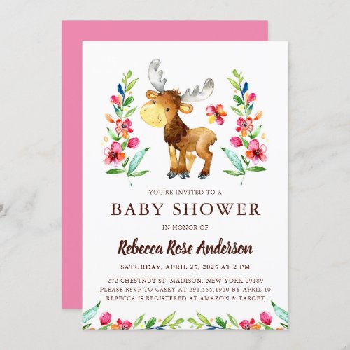 Watercolor Woodland Moose Baby Shower Invitation