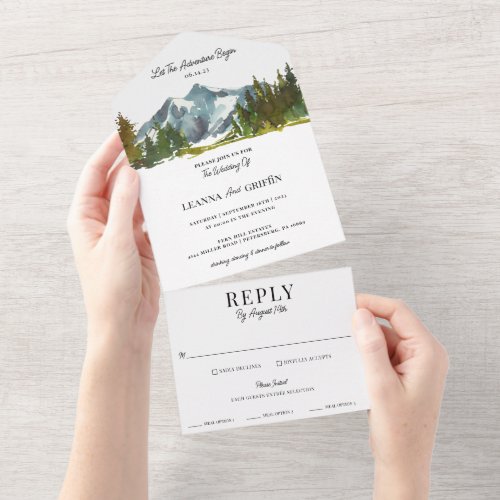 Watercolor Woodland Mountains Modern Wedding All In One Invitation