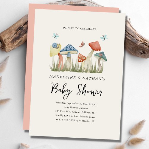 Watercolor Woodland Mushrooms Couples Baby Shower Invitation