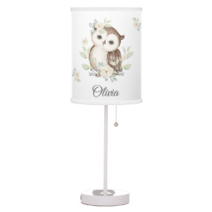 Watercolor Woodland Owl Baby Girl Table Lamp
