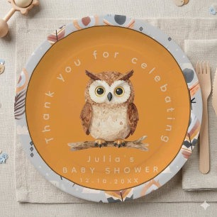 Watercolor Woodland Owl Brown Chevron Paper Plates