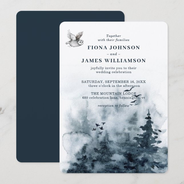 Watercolor Woodland Owl Trees Wedding Invitation (Front/Back)