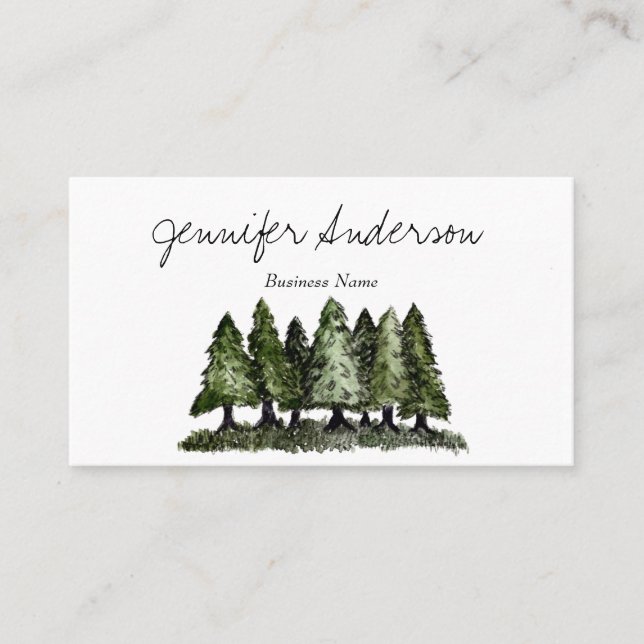 Watercolor Woodland Pine Trees Business Card (Front)