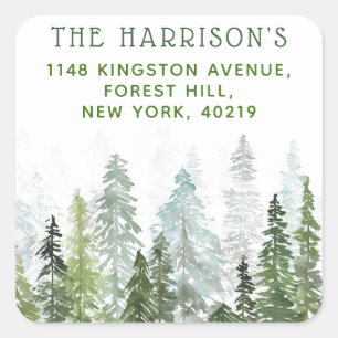 Watercolor Woodland Pine Trees Return Address Square Sticker