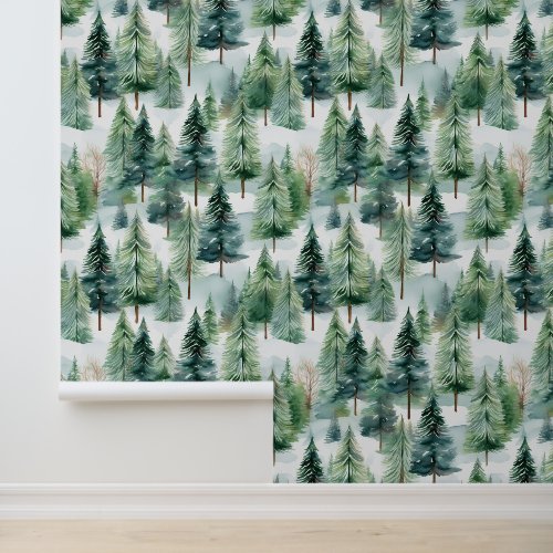 Watercolor Woodland Pine Trees Snowfall  Wallpaper