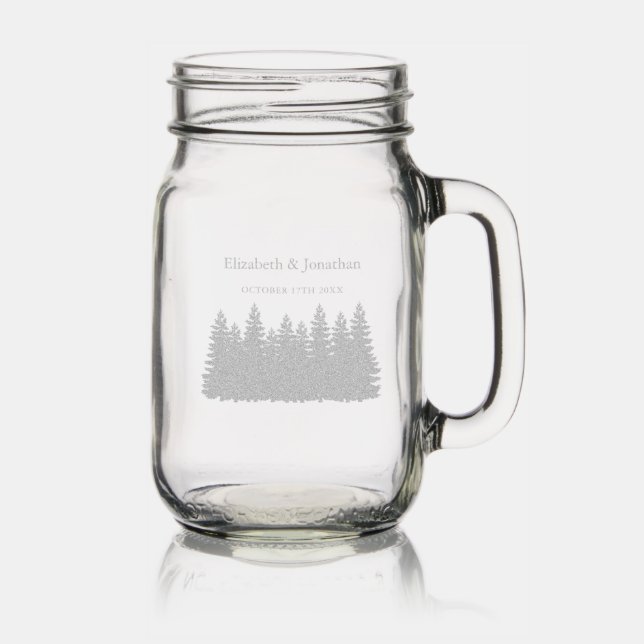 Watercolor Woodland Pines Wedding Mason Jar W/ Handle (Glassware)