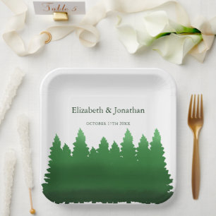 Watercolor Woodland Pines Wedding Paper Plates
