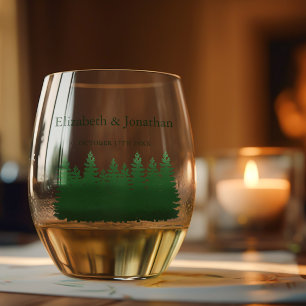 Watercolor Woodland Pines Wedding Stemless Wine Glass