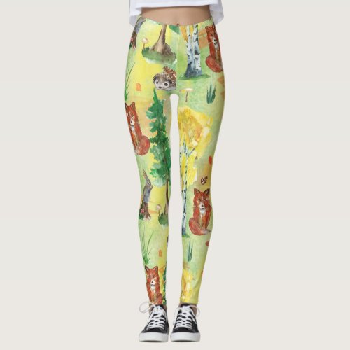 Watercolor Woodland Rabbit Hedgehogfox Leggings