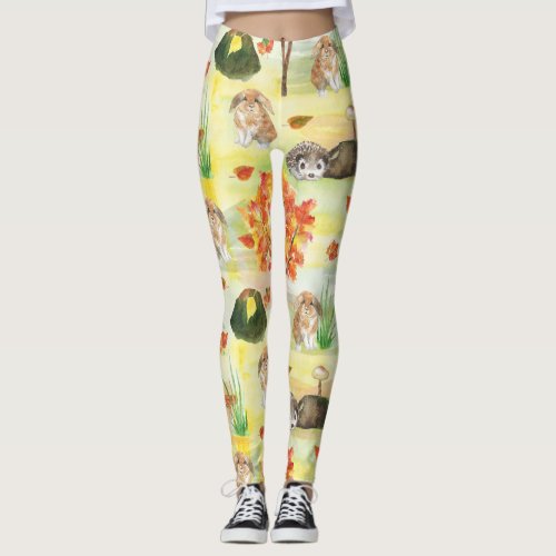 Watercolor Woodland Rabbit Hedgehog Leggings