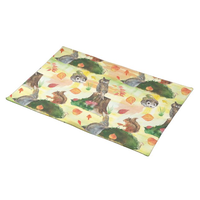 Watercolor Woodland Rabbit,owl, squirrel, hedgehog Cloth Placemat (On Table)
