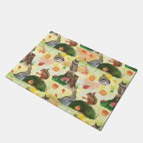 Watercolor Woodland Rabbitowl squirrel hedgehog Doormat