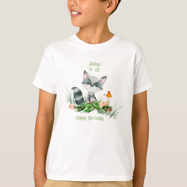 Watercolor Woodland Raccoon Cute Birthday T-Shirt (Front)