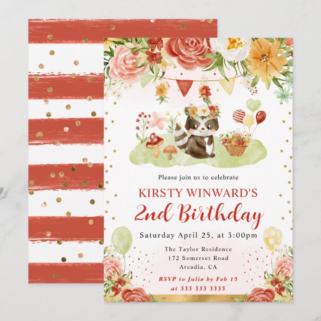 Watercolor Woodland Raccoon Kids Birthday Invitation (Front/Back)