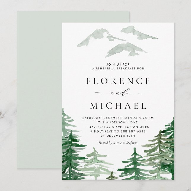 Watercolor Woodland Rehearsal Breakfast Invitation (Front/Back)