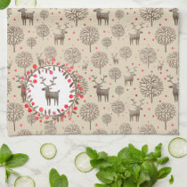 Watercolor Woodland Reindeer Pattern Earth Tone Kitchen Towel