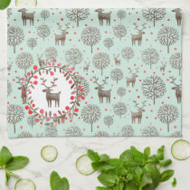 Watercolor Woodland Reindeer Pattern Sea Green Kitchen Towel