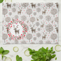 Watercolor Woodland Reindeer Pattern Smoke White Kitchen Towel