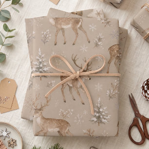 Watercolor Woodland Reindeer Snowy Winter Wrapping Paper Sheets