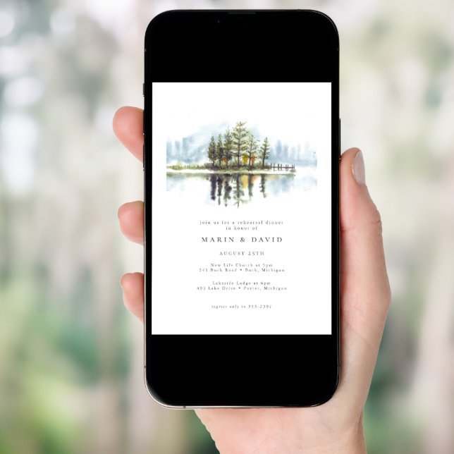 Watercolor Woodland Rustic Lake Rehearsal Dinner Invitation (Front Digital)