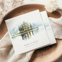 Watercolor Woodland Rustic Lake Wedding Napkins