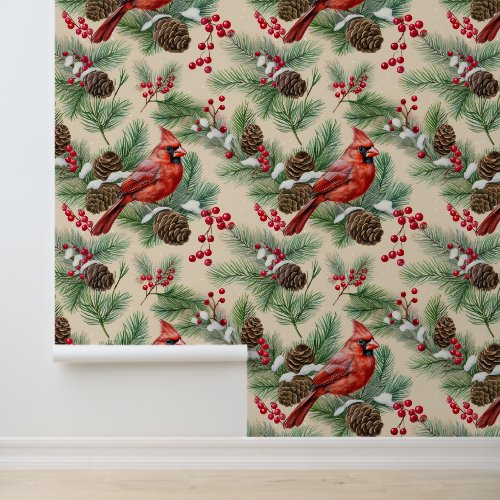 Watercolor Woodland Snow Pine Branch Cardinal Bird Wallpaper