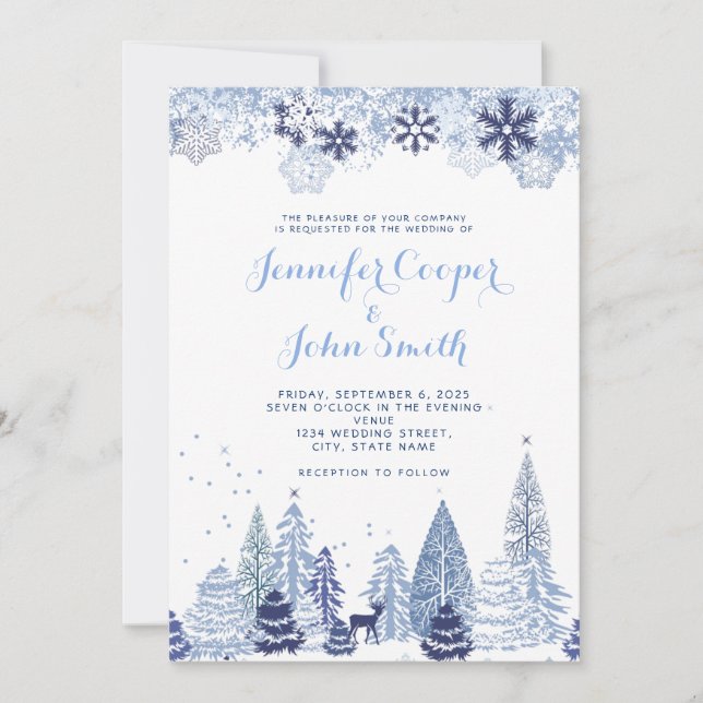 Watercolor Woodland Snowflakes Winter Wedding Invitation (Front)