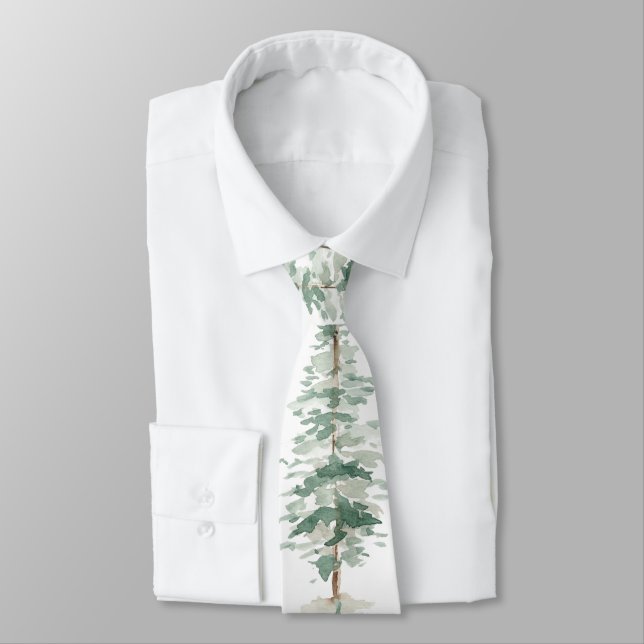 Watercolor Woodland Spruce Tree Neck Tie (Tied)