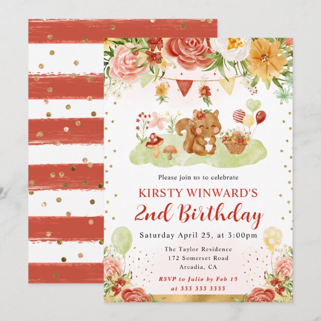 Watercolor Woodland Squirrel Kids Birthday Invitation (Front/Back)