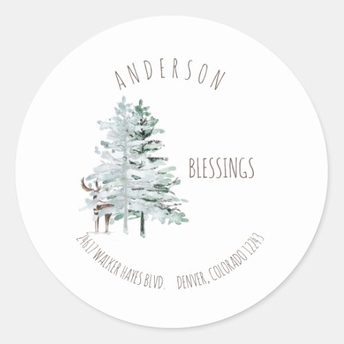 Watercolor Woodland Trees  Deer Blessings Address Classic Round Sticker