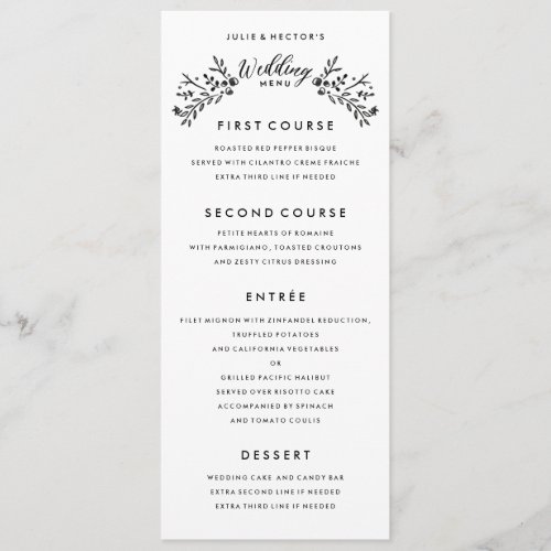 Watercolor Woodland Wedding Black and White Menu