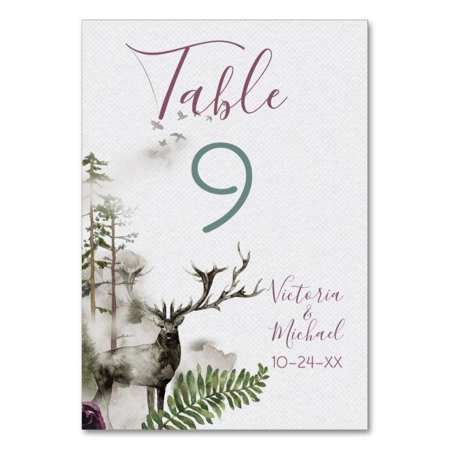 Watercolor Woodland Wedding table number cards (Front)
