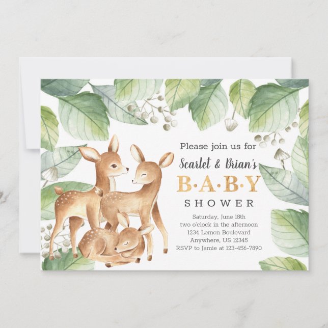 Watercolor Woodland Wild Deer Baby Shower Invitation (Front)
