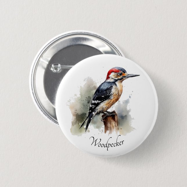 Watercolor Woodland Woodpecker, custom  Button (Front & Back)