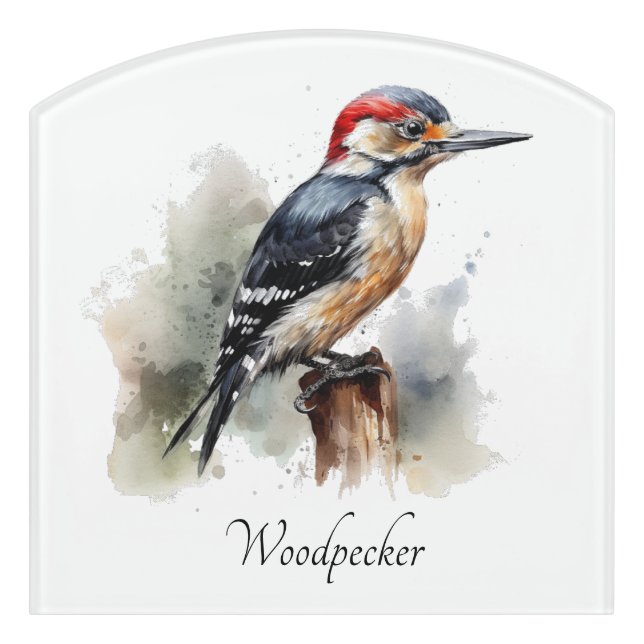 Watercolor Woodland Woodpecker, custom Door Sign (Contour Front)