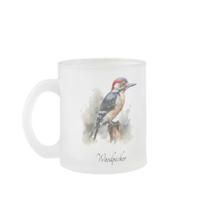Watercolor Woodland Woodpecker, custom Frosted Glass Coffee Mug