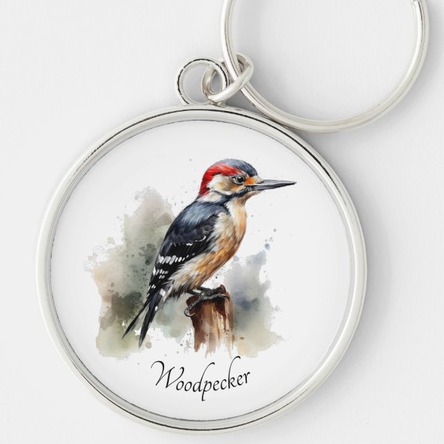 Watercolor Woodland Woodpecker, custom Keychain (Front)