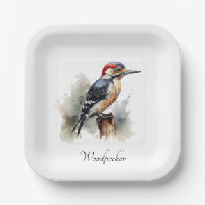 Watercolor Woodland Woodpecker, custom Paper Plates