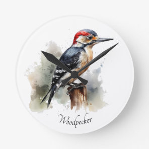 Watercolor Woodland Woodpecker, custom Round Clock