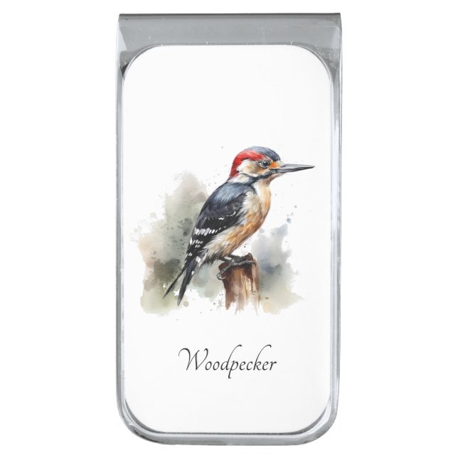 Watercolor Woodland Woodpecker, custom Silver Finish Money Clip (Front Vertical)