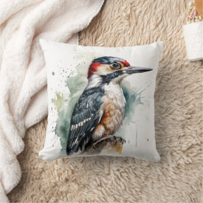 Watercolor Woodland Woodpecker Throw Pillow