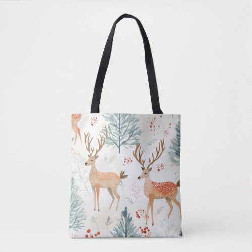 Watercolor WoodlandDeer In Winter Forest Christmas Tote Bag
