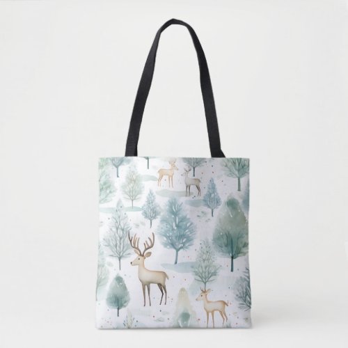 Watercolor WoodlandDeer In Winter Forest Christmas Tote Bag