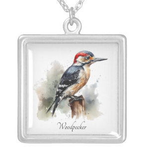 Watercolor Woodpecker Bird Nature Art Personalized Silver Plated Necklace