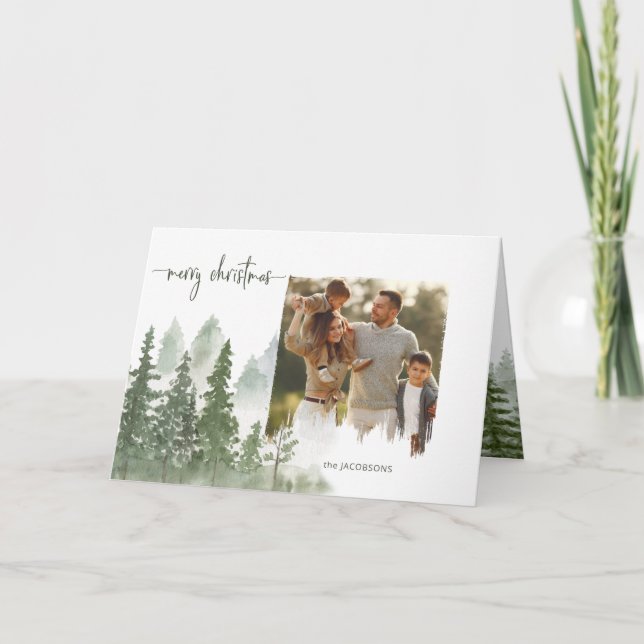 Watercolor Woods Christmas Calligraphy Photo Holiday Card (Front)