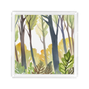 Watercolor Woods Green Nature Forest Painting Acrylic Tray
