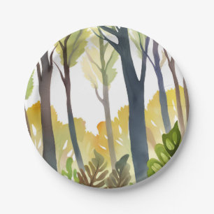 Watercolor Woods   Green Nature Forest Painting Paper Plates