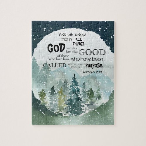 Watercolor Woods Romans 828 Bible Verse Jigsaw Puzzle