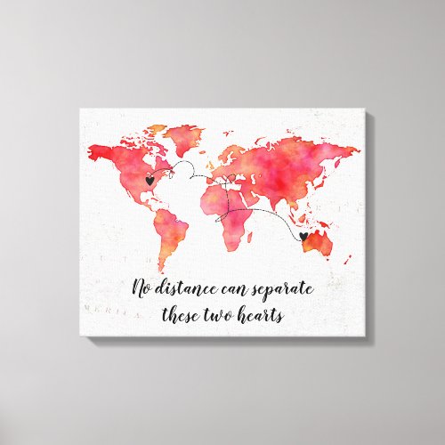 Watercolor World Map 2 Hearts Connected Canvas Print