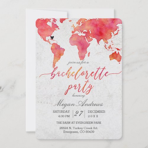 Watercolor World Map Bachelorette Party Invitation